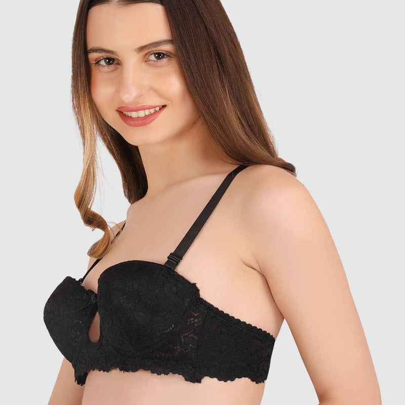 women Black Lace Underwired Heavily Padded Push-Up Bra
