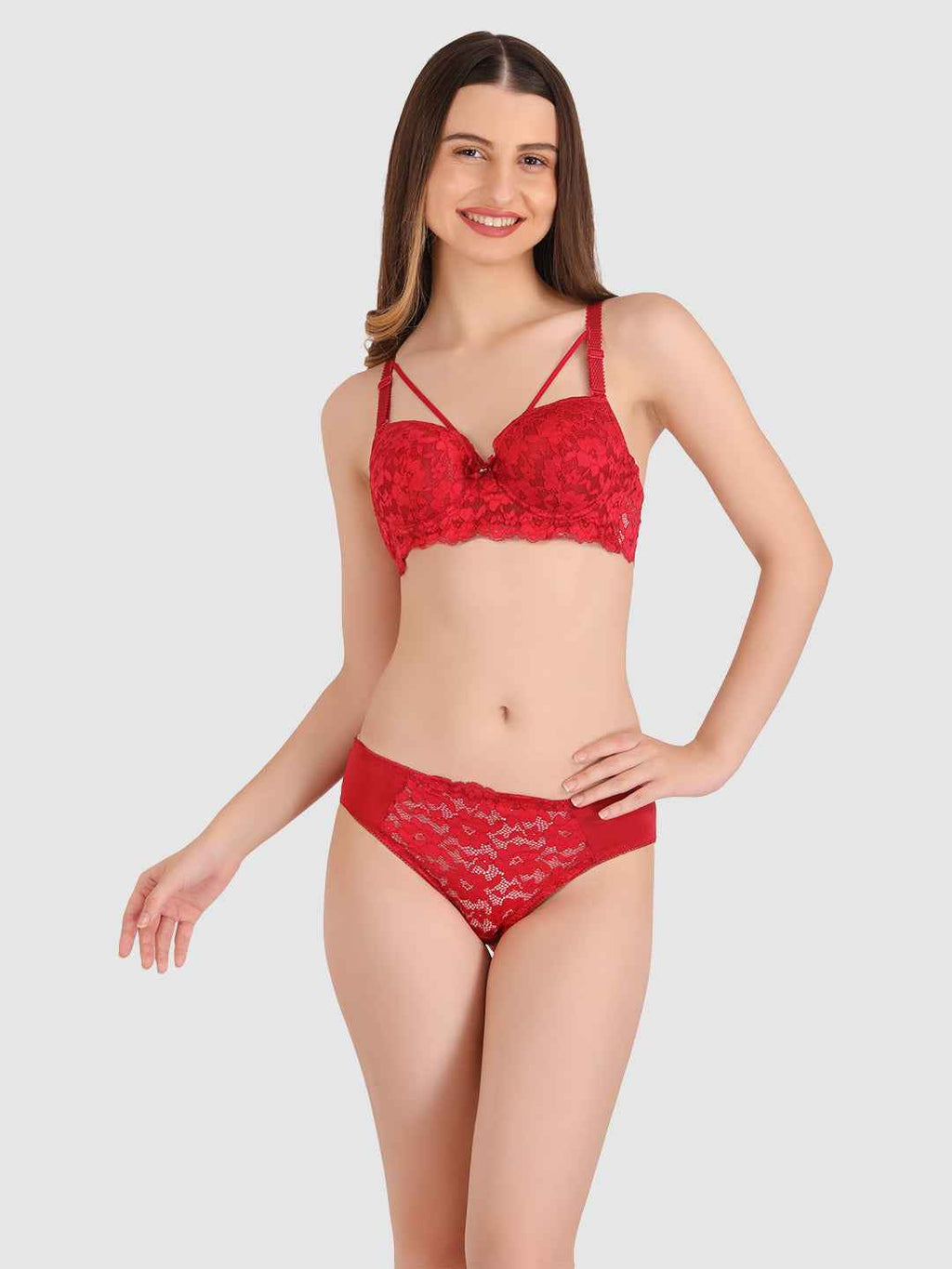 Women Maroon Lace Heavily Padded Push up Lingerie Set