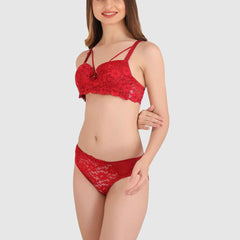Women Maroon Lace Heavily Padded Push up Lingerie Set