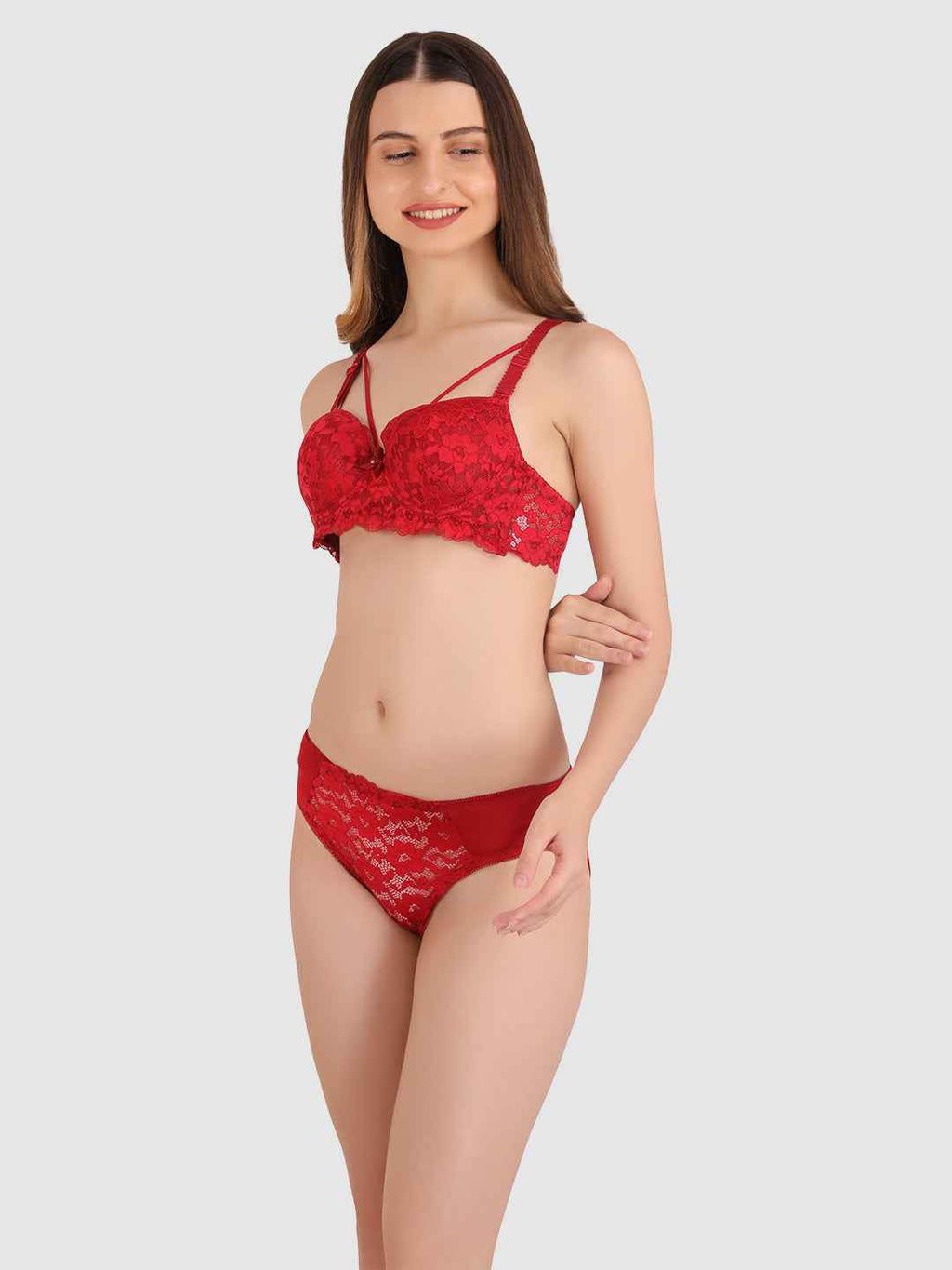 Women Maroon Lace Heavily Padded Push up Lingerie Set