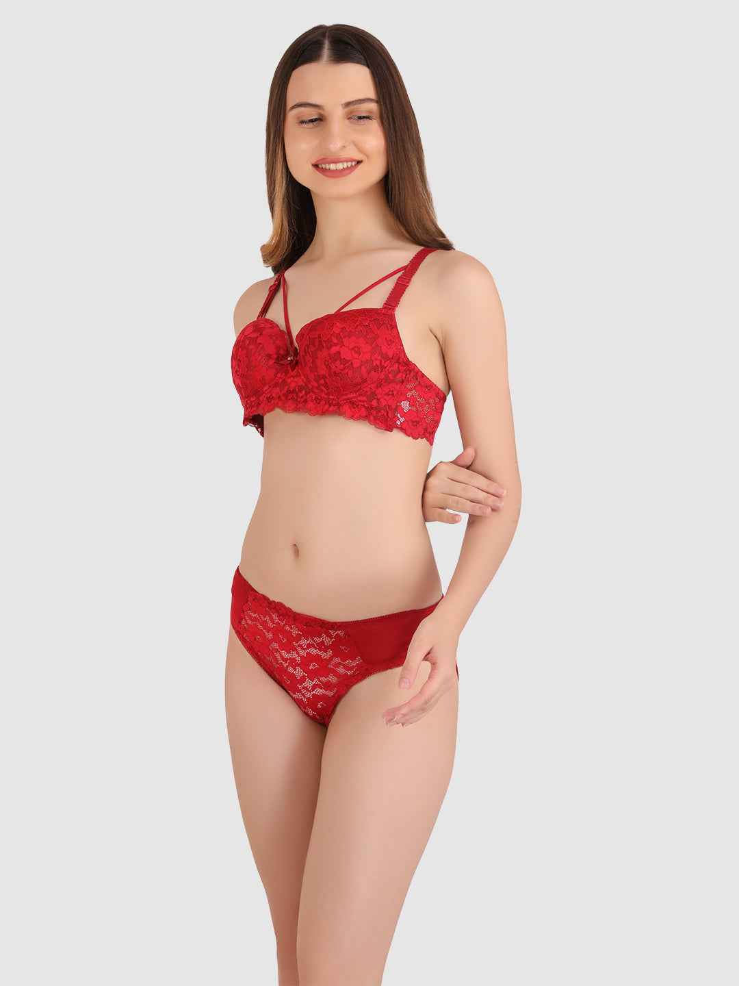 Women Maroon Lace Heavily Padded Push up Lingerie Set