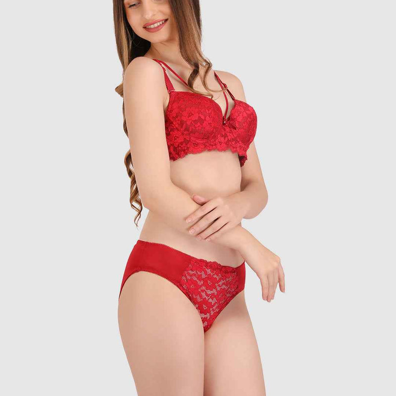 Women Maroon Lace Heavily Padded Push up Lingerie Set