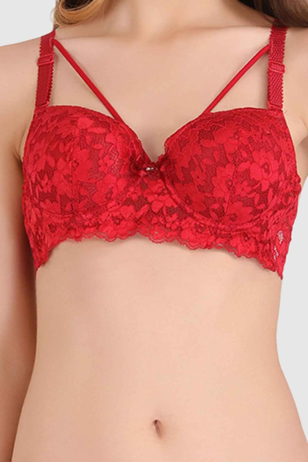 Women Maroon Lace Heavily Padded Push up Lingerie Set