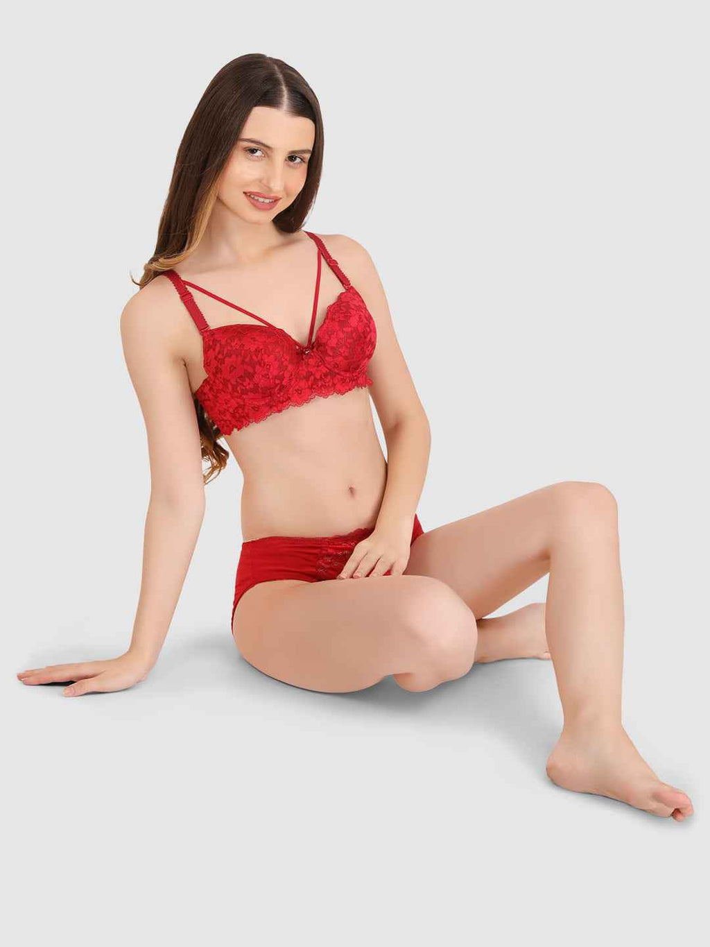 Women Maroon Lace Heavily Padded Push up Lingerie Set