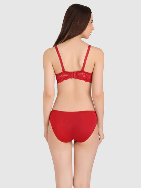 Women Maroon Lace Heavily Padded Push up Lingerie Set