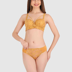 Women Gold Lace Heavily Padded Push up Lingerie Set