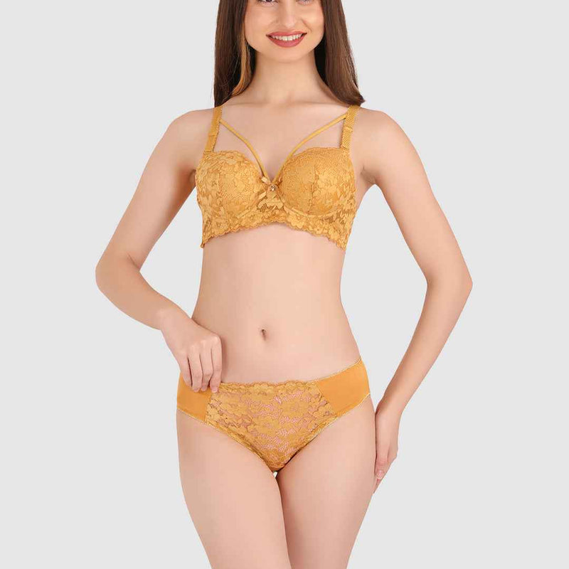 Women Gold Lace Heavily Padded Push up Lingerie Set