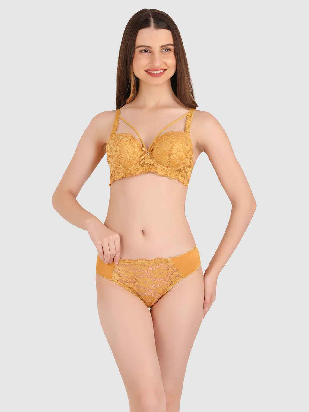 Women Gold Lace Heavily Padded Push up Lingerie Set