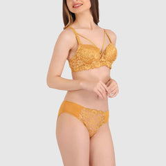 Women Gold Lace Heavily Padded Push up Lingerie Set