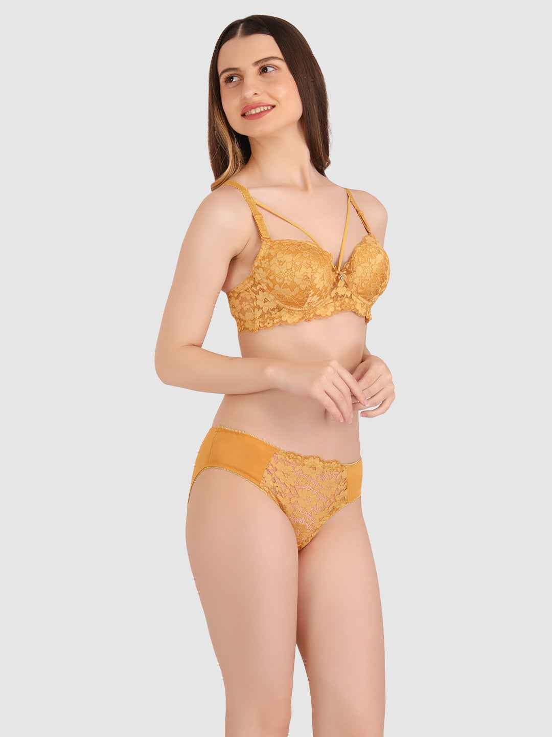 Women Gold Lace Heavily Padded Push up Lingerie Set