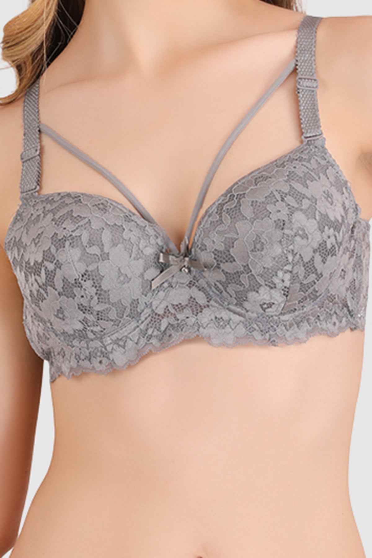 Women Grey Lace Heavily Padded Push up Lingerie Set