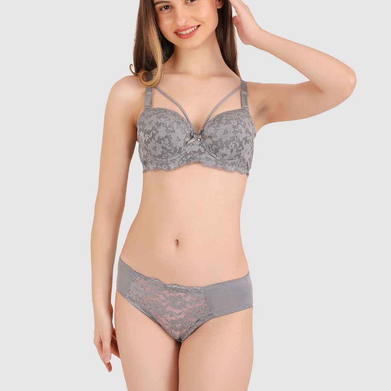 Women Grey Lace Heavily Padded Push up Lingerie Set