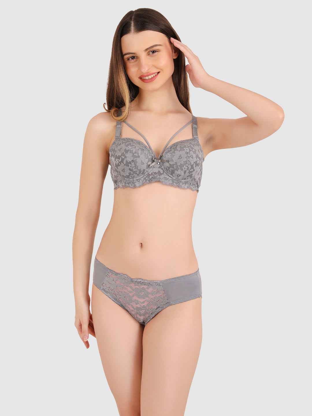 Women Grey Lace Heavily Padded Push up Lingerie Set