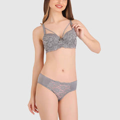 Women Grey Lace Heavily Padded Push up Lingerie Set