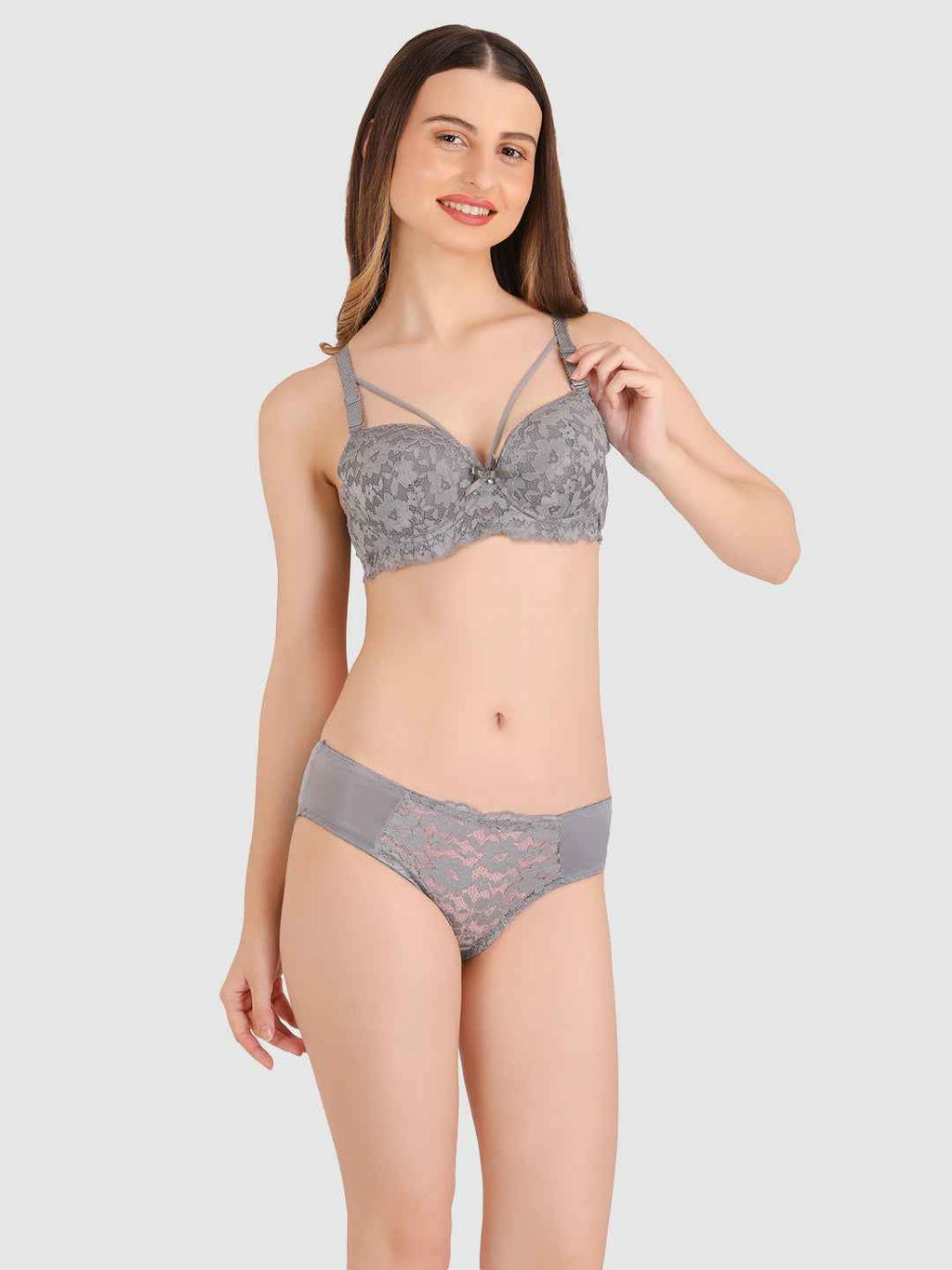 Women Grey Lace Heavily Padded Push up Lingerie Set