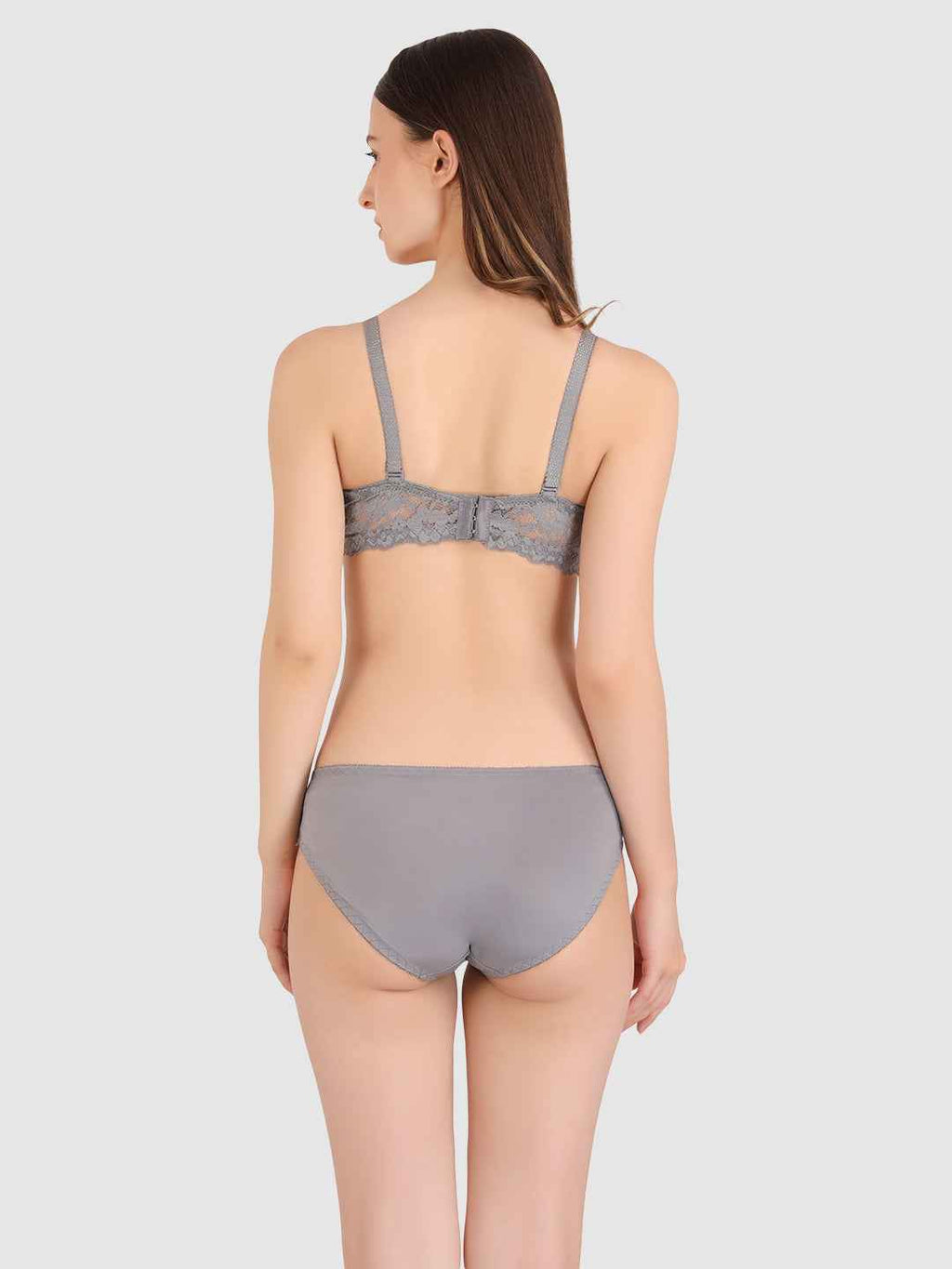 Women Grey Lace Heavily Padded Push up Lingerie Set