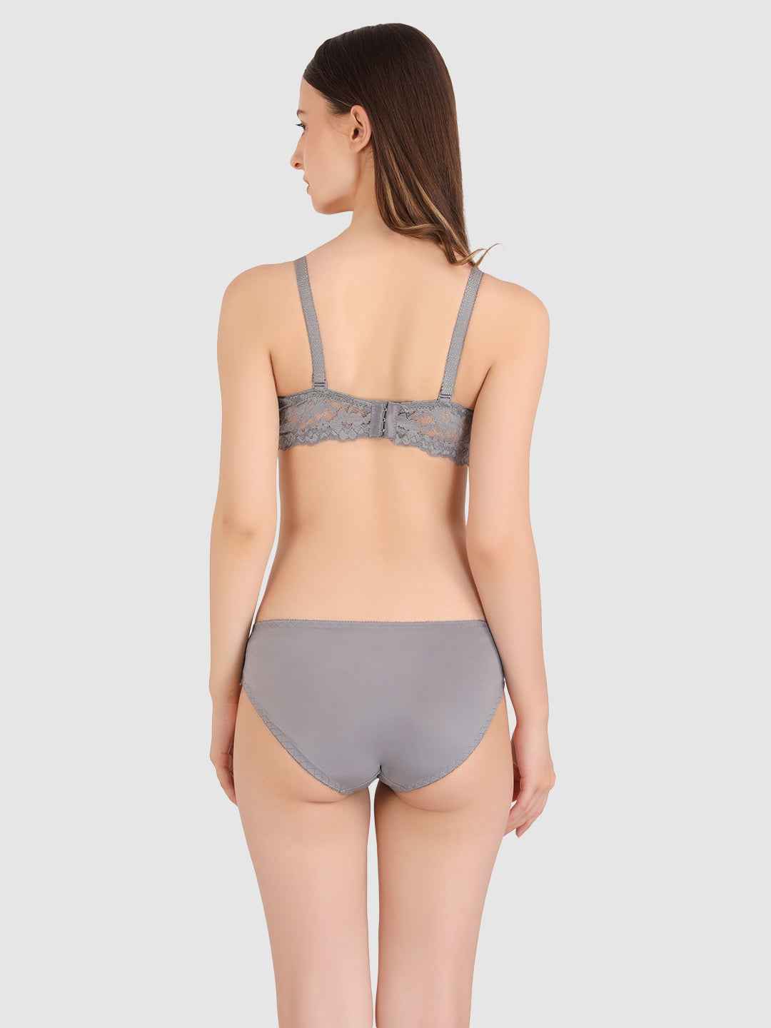 Women Grey Lace Heavily Padded Push up Lingerie Set