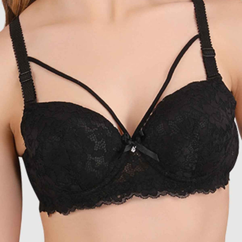 Women Black Lace Heavily Padded Push up Lingerie Set
