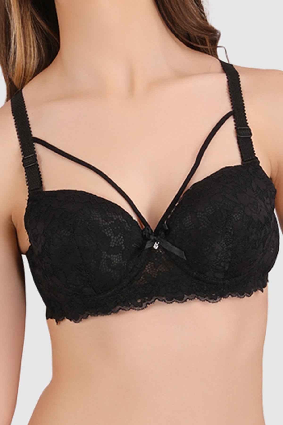 Women Black Lace Heavily Padded Push up Lingerie Set