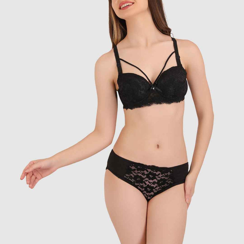 Women Black Lace Heavily Padded Push up Lingerie Set