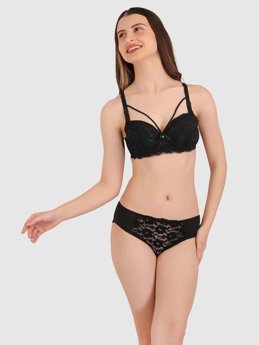 Women Black Lace Heavily Padded Push up Lingerie Set