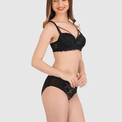 Women Black Lace Heavily Padded Push up Lingerie Set