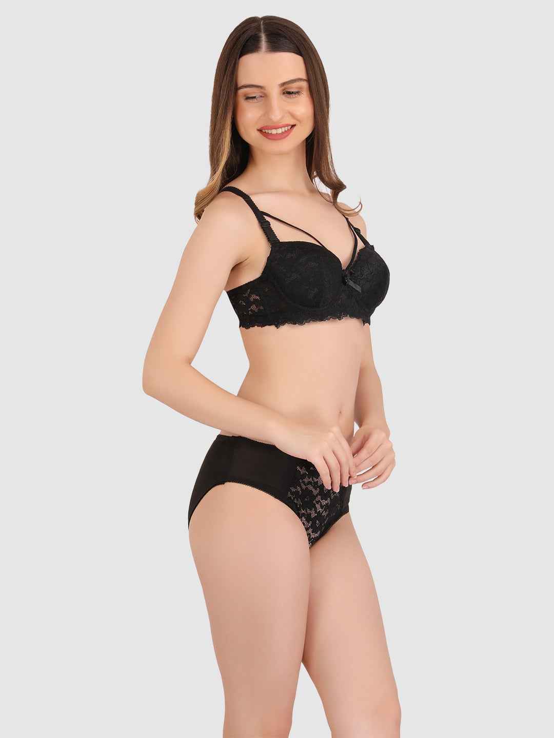 Women Black Lace Heavily Padded Push up Lingerie Set