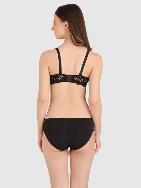 Women Black Lace Heavily Padded Push up Lingerie Set