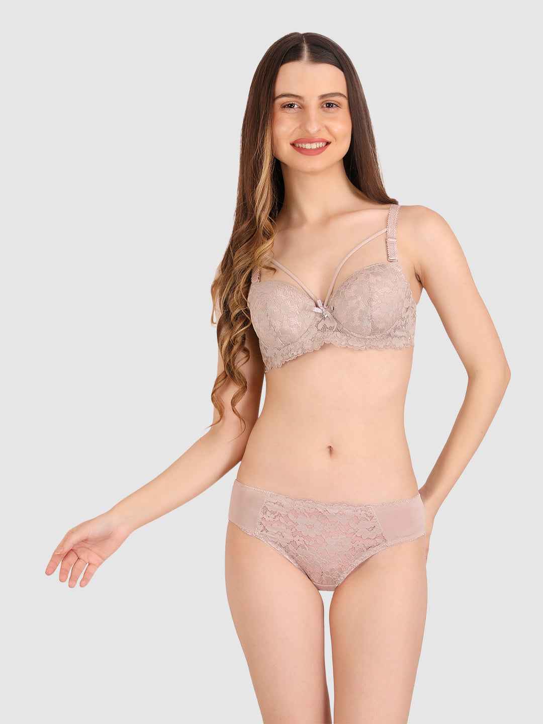 Women Mauve Lace Heavily Padded Push up Lingerie Set