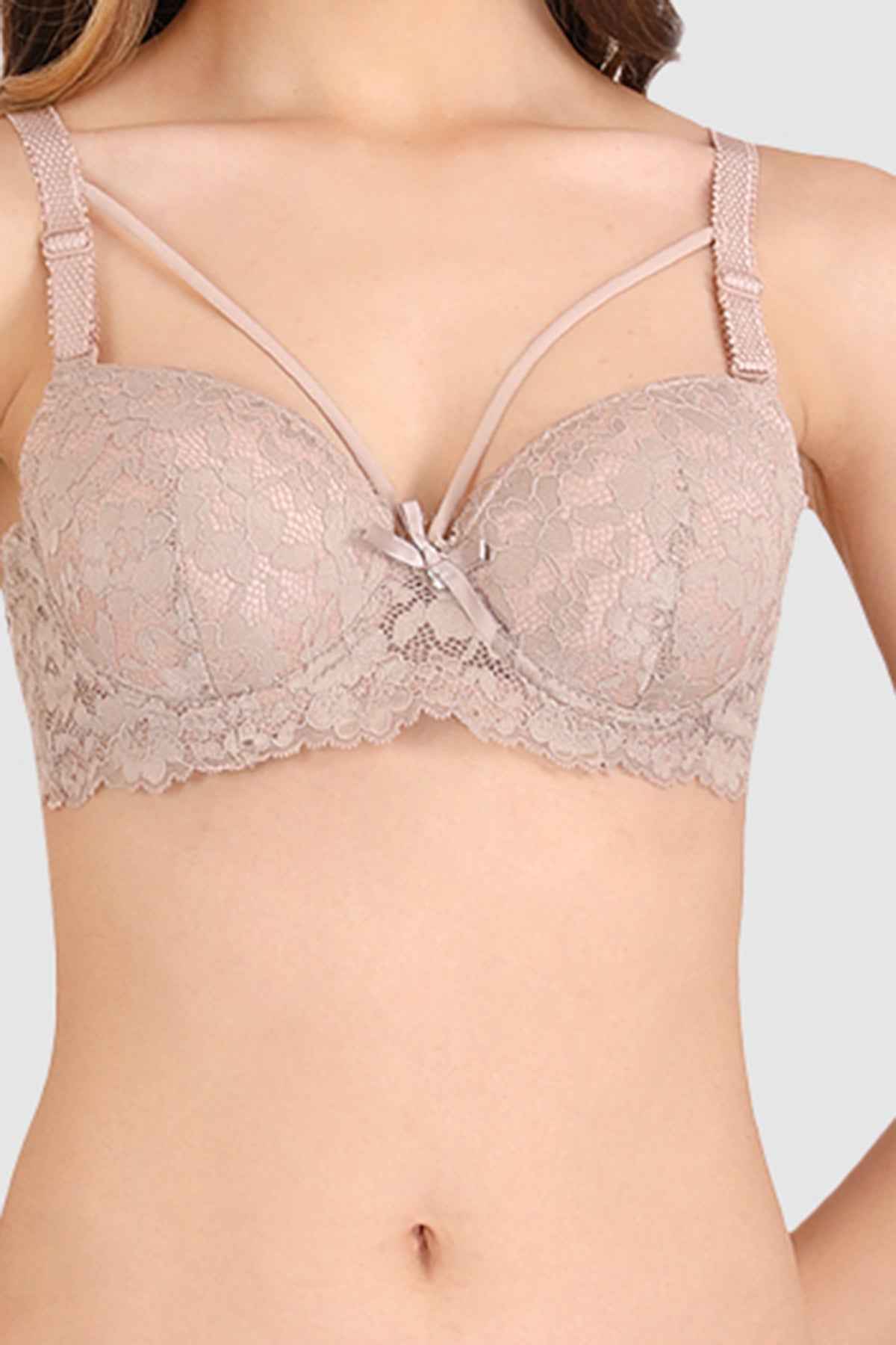 Women Mauve Lace Heavily Padded Push up Lingerie Set