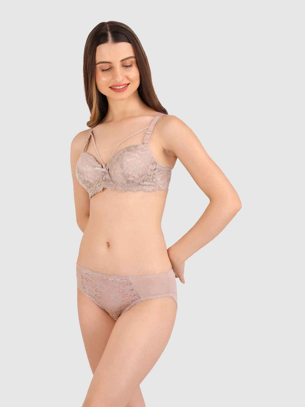 Women Mauve Lace Heavily Padded Push up Lingerie Set