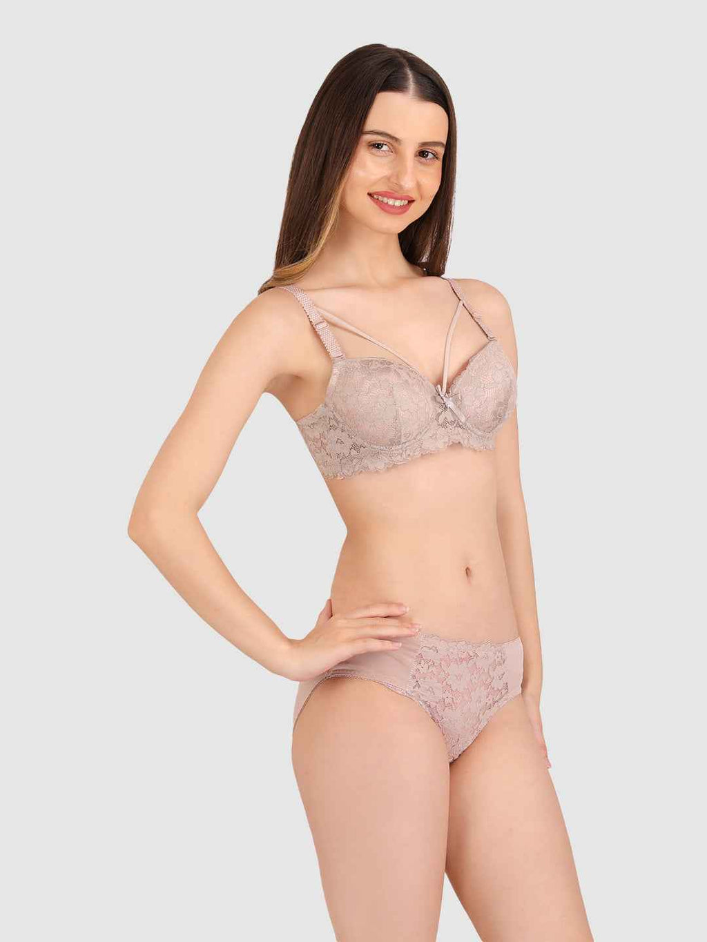 Women Mauve Lace Heavily Padded Push up Lingerie Set