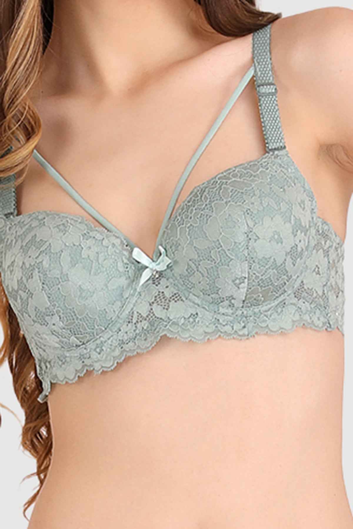 Women Green Lace Heavily Padded Push up Lingerie Set