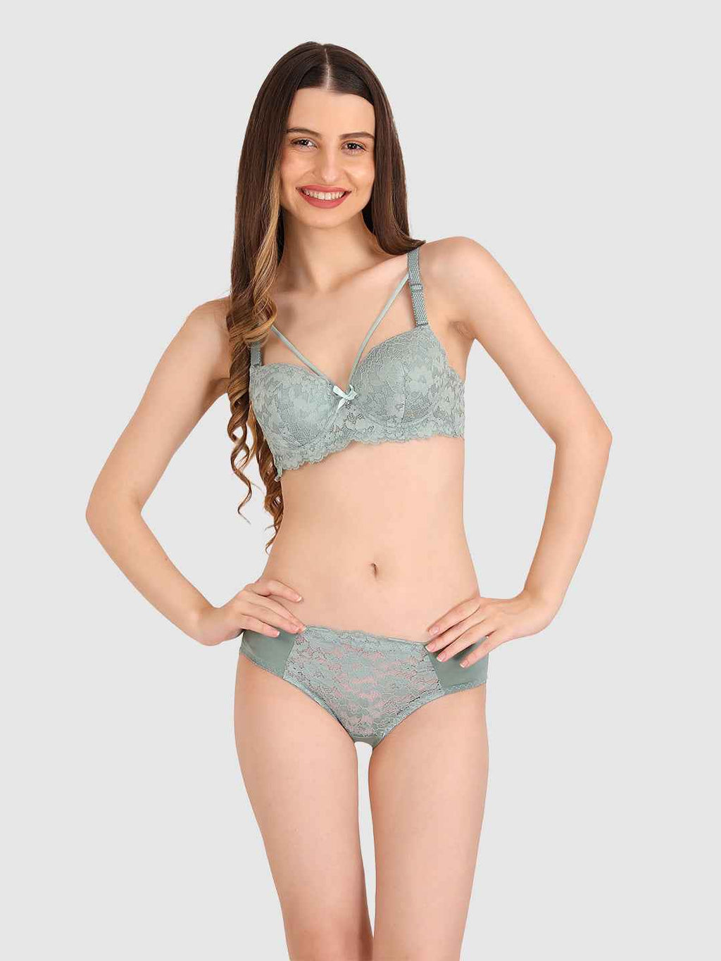 Women Green Lace Heavily Padded Push up Lingerie Set