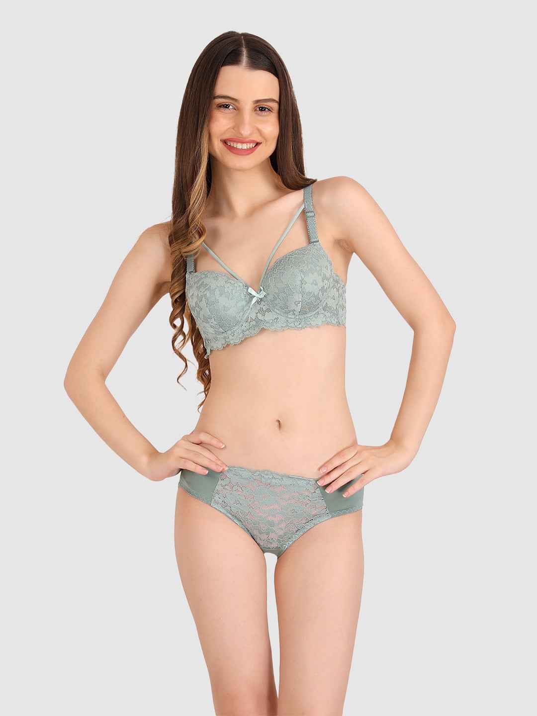 Women Green Lace Heavily Padded Push up Lingerie Set