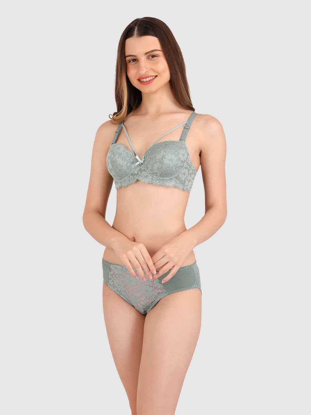 Women Green Lace Heavily Padded Push up Lingerie Set