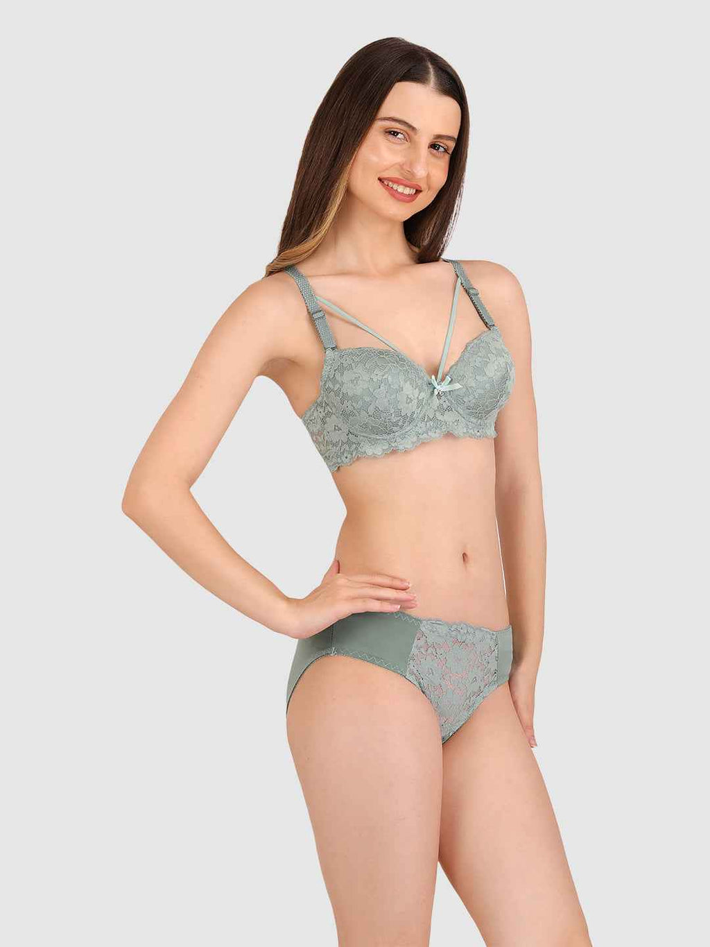 Women Green Lace Heavily Padded Push up Lingerie Set