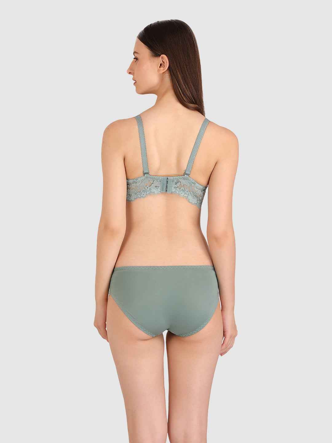 Women Green Lace Heavily Padded Push up Lingerie Set