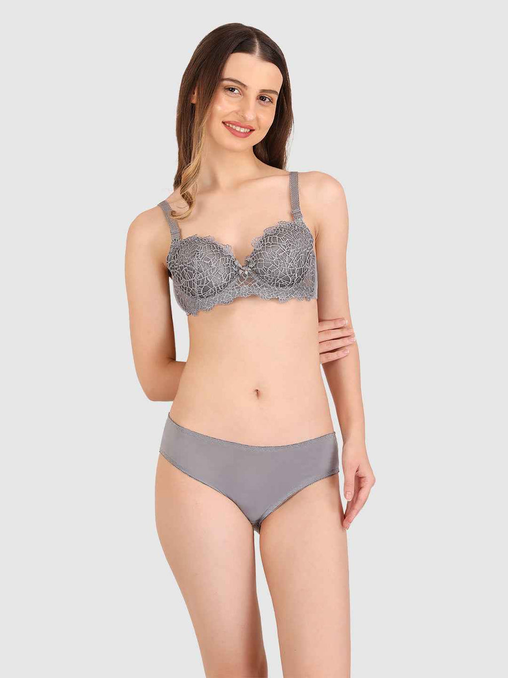 Women Grey Parisian Cut Heavily Padded Push up Lingerie Set