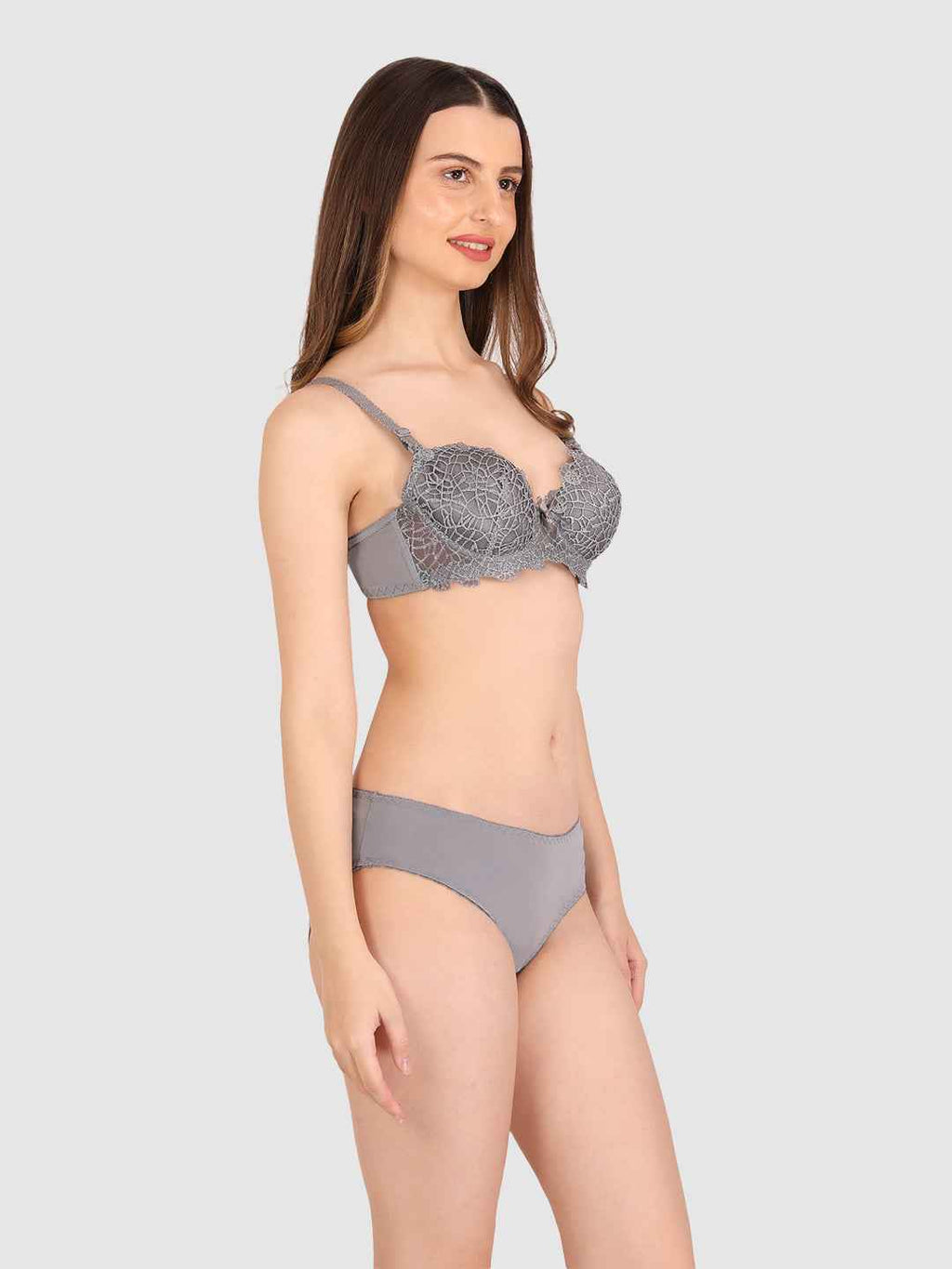 Women Grey Parisian Cut Heavily Padded Push up Lingerie Set
