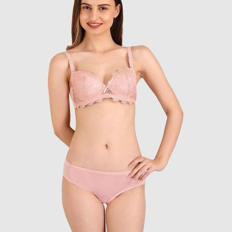 Women Peach Parisian Cut Heavily Padded Push up Lingerie Set