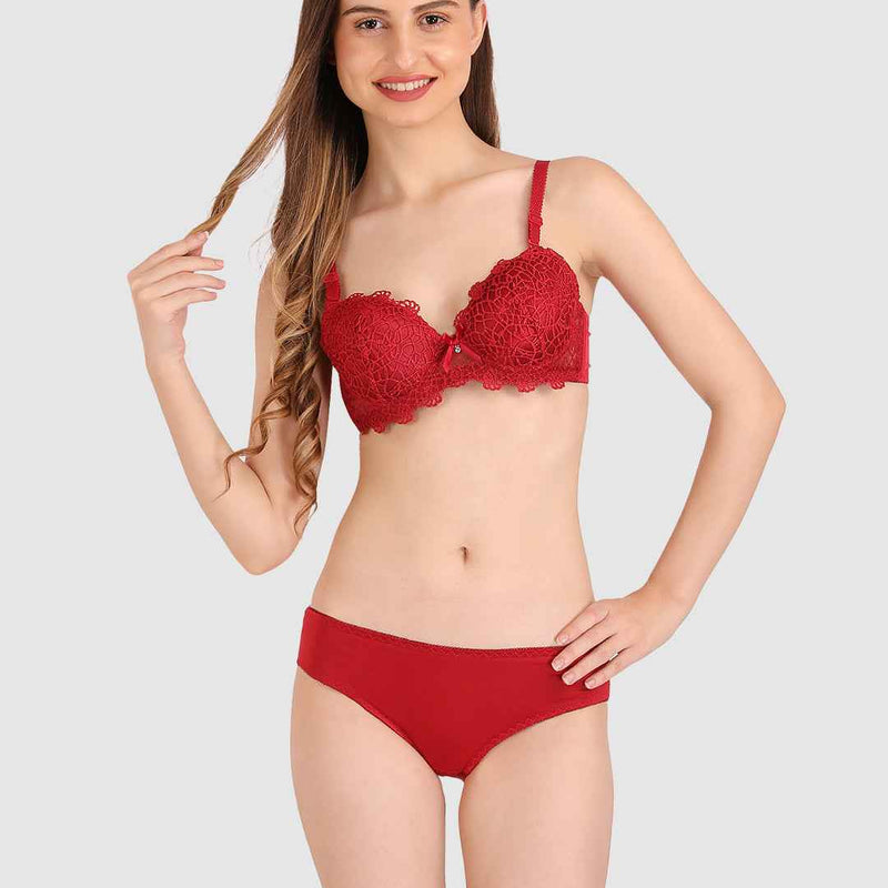 Women Maroon Parisian Cut Heavily Padded Push up Lingerie Set