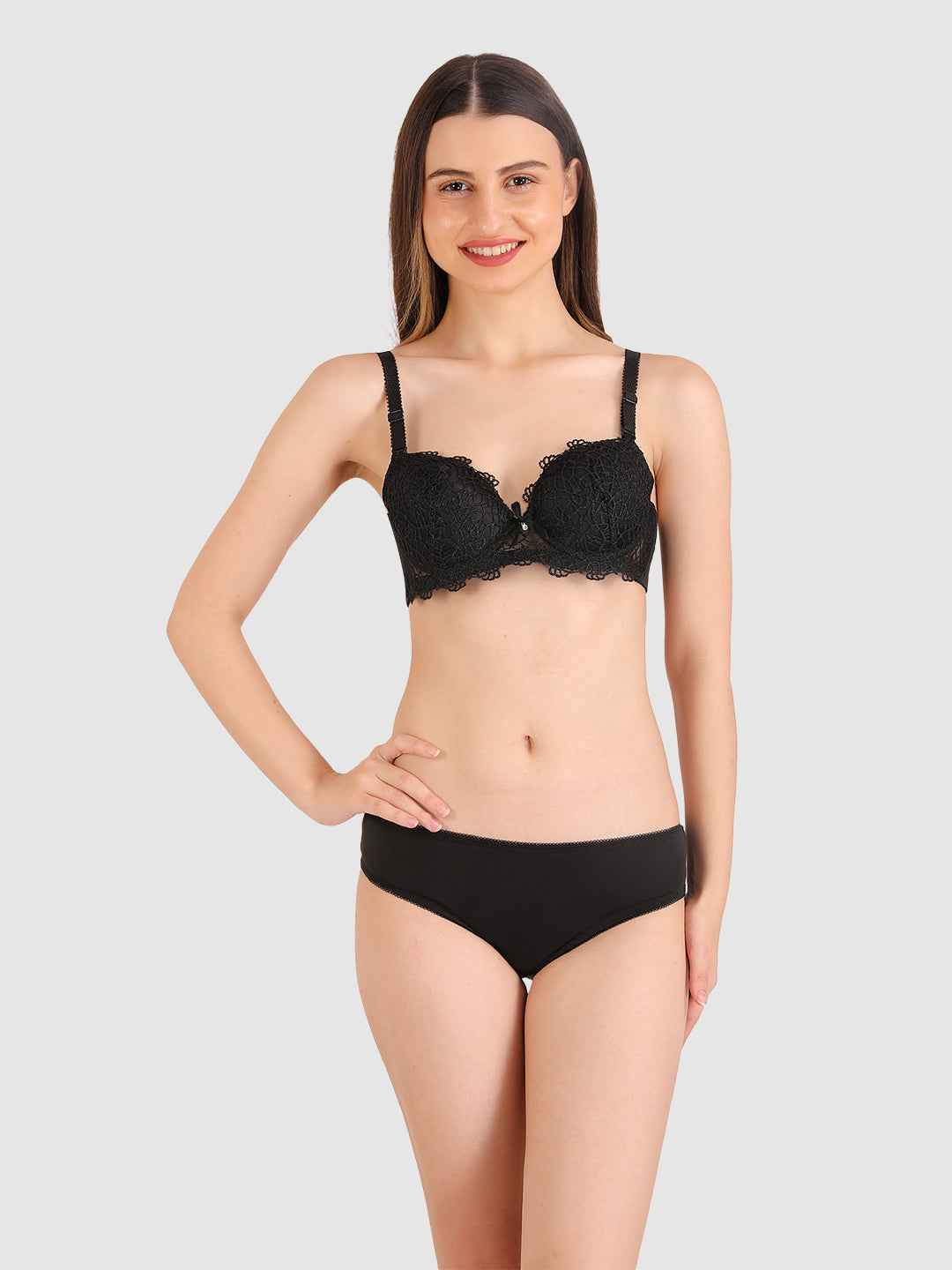 Women Black Parisian Cut Heavily Padded Push up Lingerie Set
