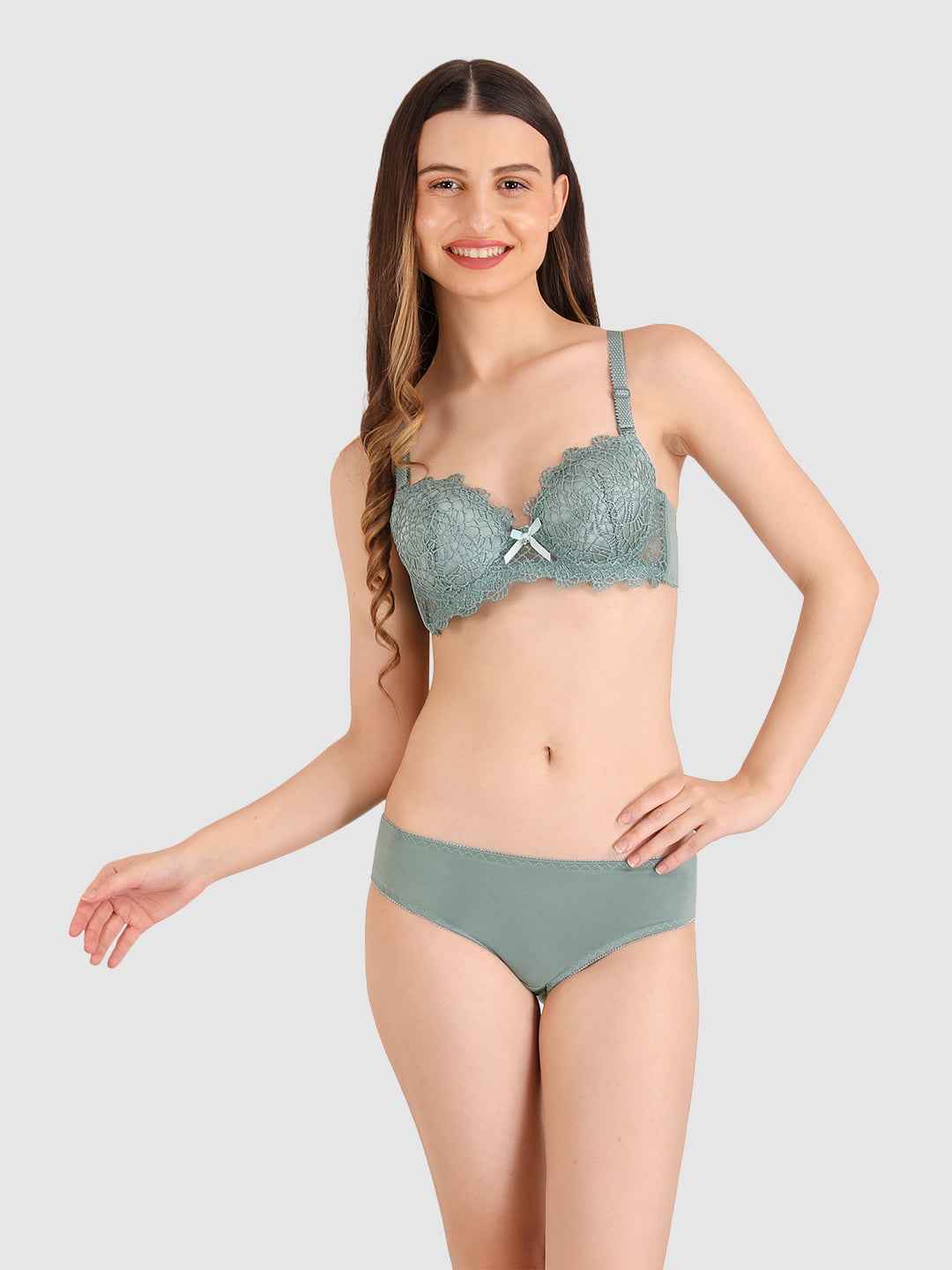 Women Green Parisian Cut Heavily Padded Push up Lingerie Set