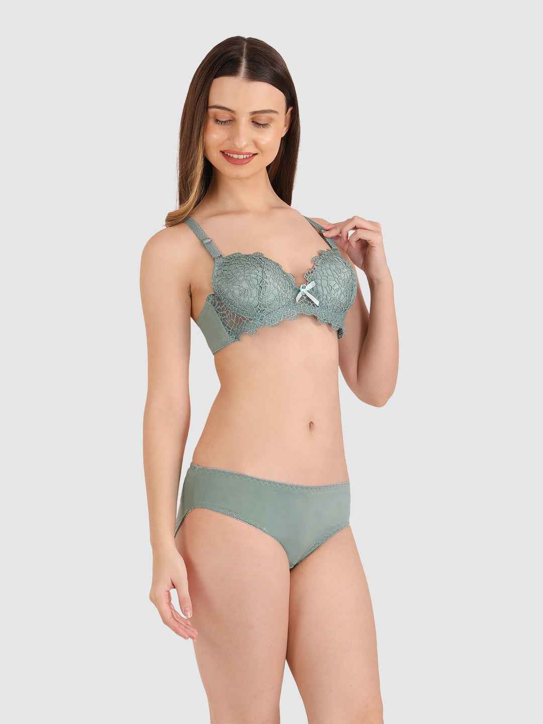 Women Green Parisian Cut Heavily Padded Push up Lingerie Set
