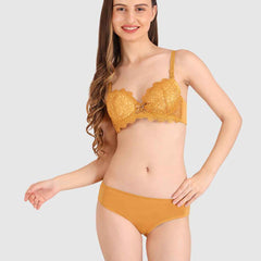 Women Mustard Parisian Cut Heavily Padded Push up Lingerie Set