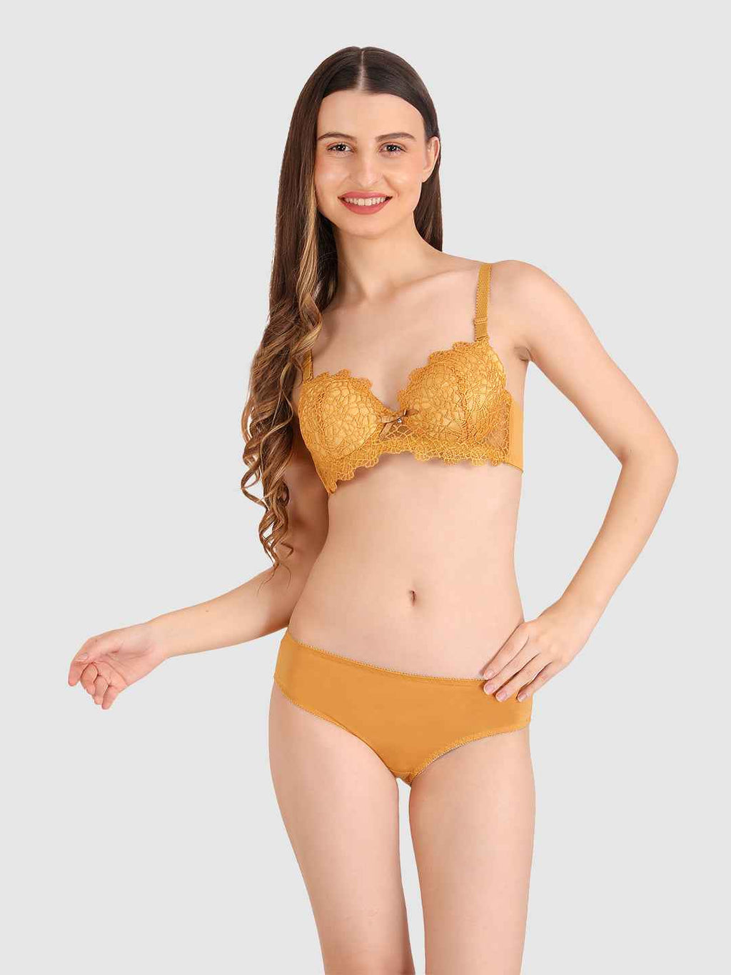 Women Mustard Parisian Cut Heavily Padded Push up Lingerie Set