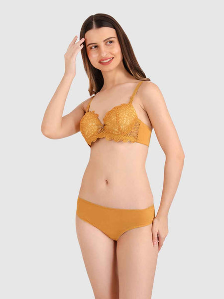 Women Mustard Parisian Cut Heavily Padded Push up Lingerie Set