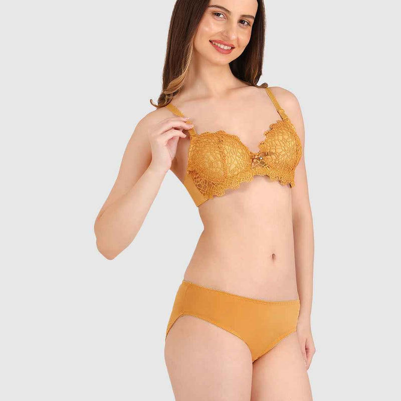 Women Mustard Parisian Cut Heavily Padded Push up Lingerie Set