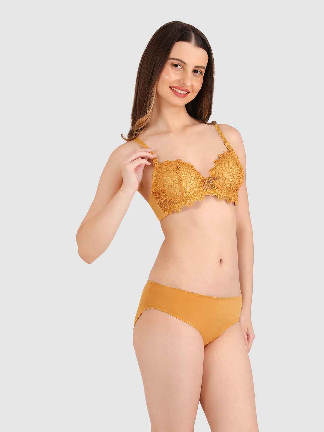 Women Mustard Parisian Cut Heavily Padded Push up Lingerie Set
